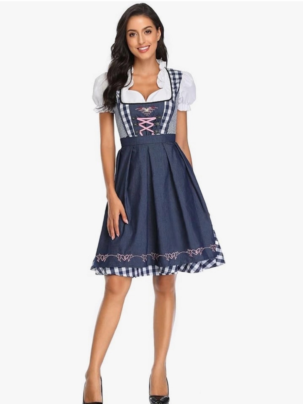 Navy Blue Dirndl Dress with Pink Accents